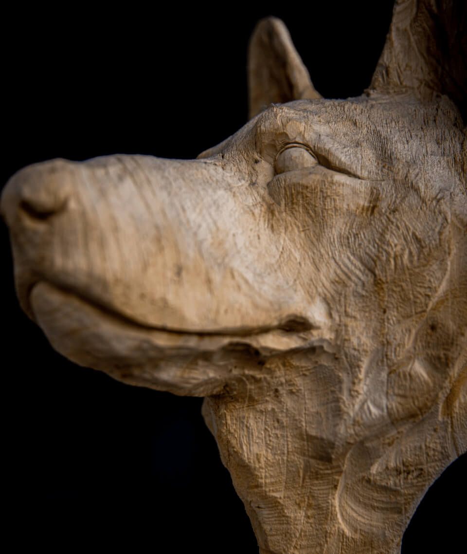 Nahaufnahme einer hölzerne Hundeskulptur